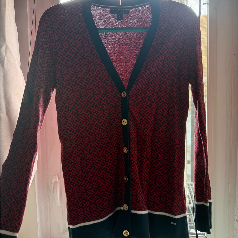 Tommy Hilfiger Red and Black Geometric Crew Sweater with White Trim